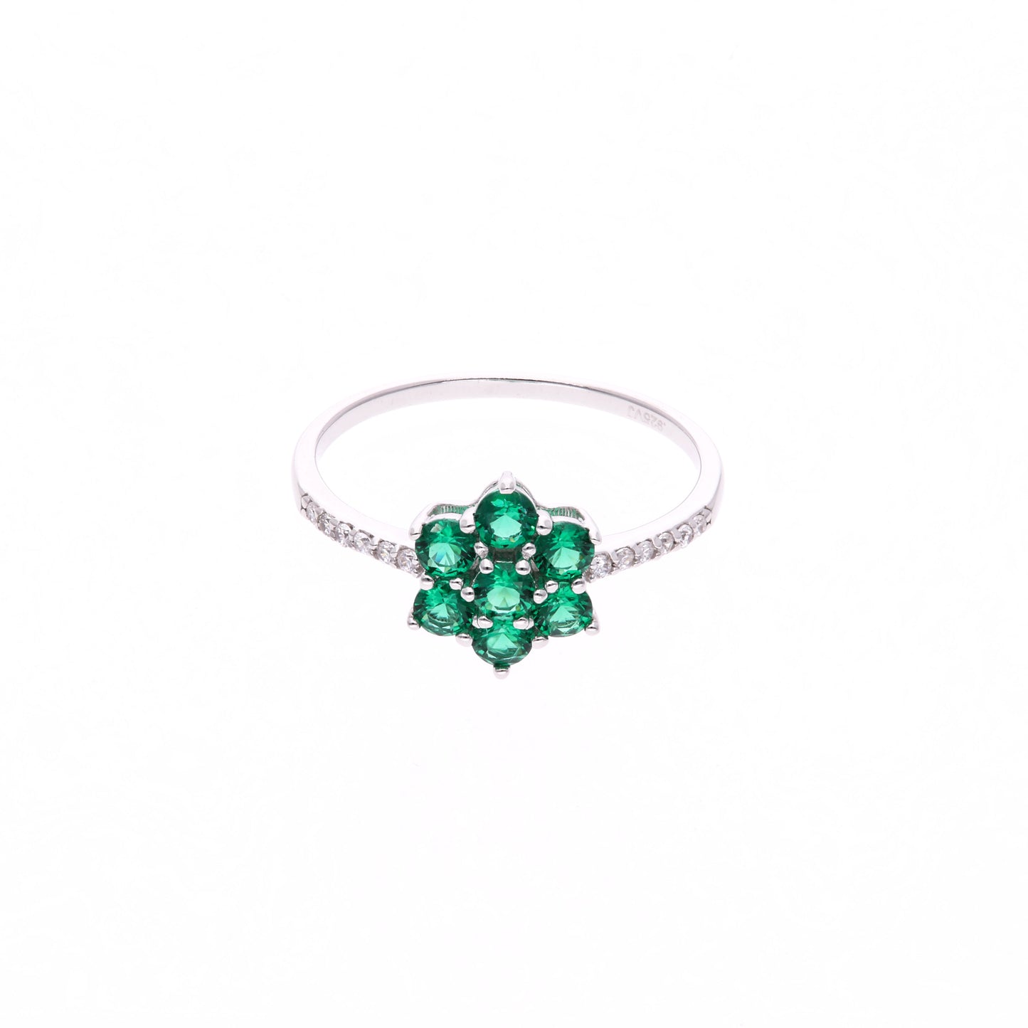 ANILLO EN PLATA LEY .925, CON RODIO , ZIRCONIA AAA VERDE ESMERALDA Y BLANCO