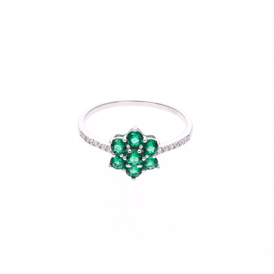 ANILLO EN PLATA LEY .925, CON RODIO , ZIRCONIA AAA VERDE ESMERALDA Y BLANCO