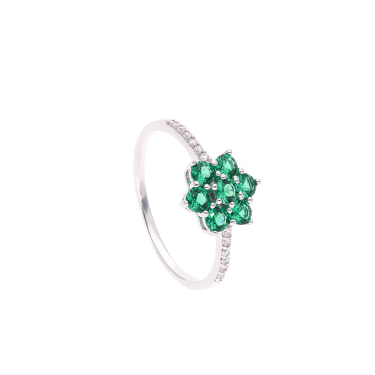 ANILLO EN PLATA LEY .925, CON RODIO , ZIRCONIA AAA VERDE ESMERALDA Y BLANCO