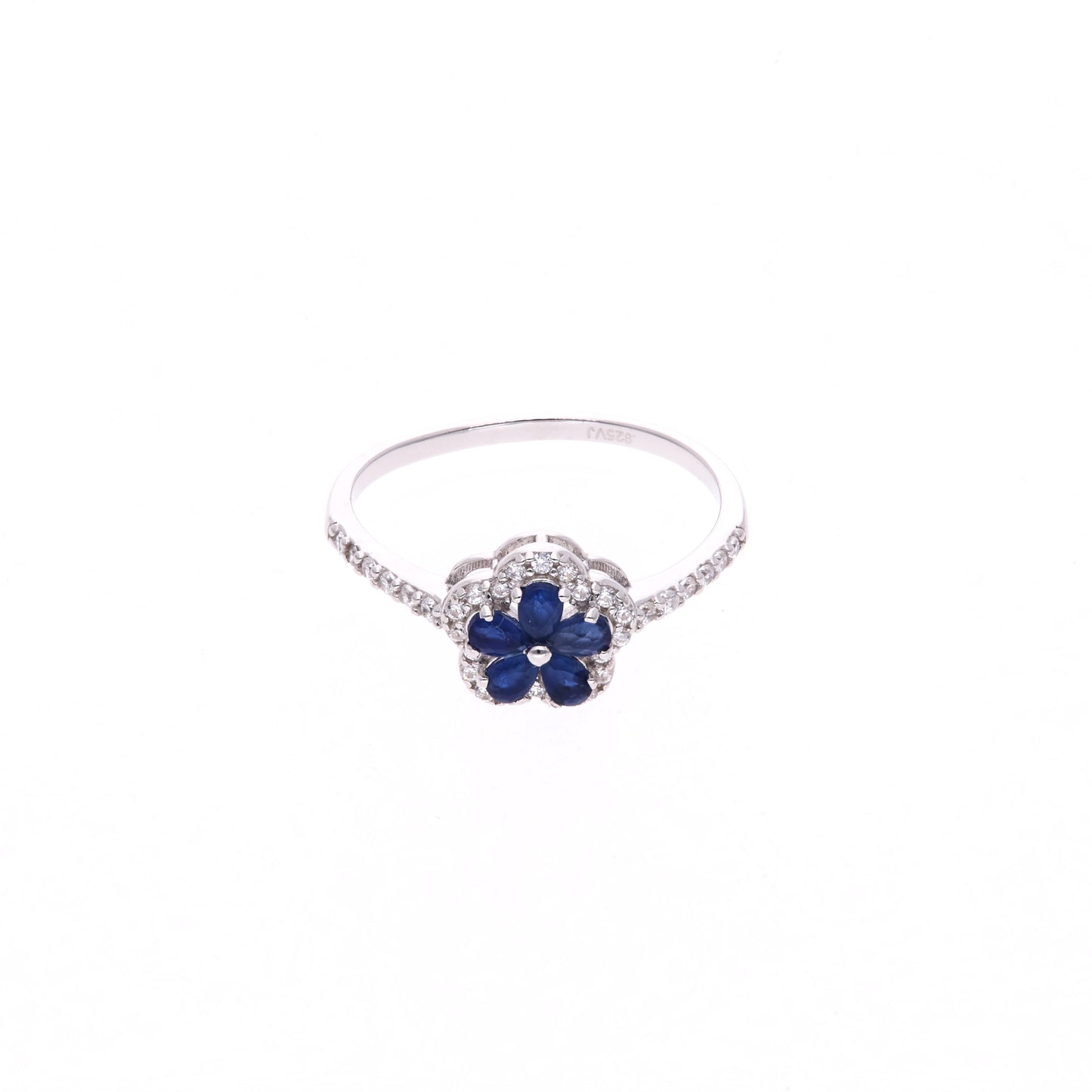 ANILLO EN PLATA LEY .925, CON RODIO , ZIRCONIA AAA AZUL ZAFIRO Y BLANCO  , EN FORMA DE FLOR