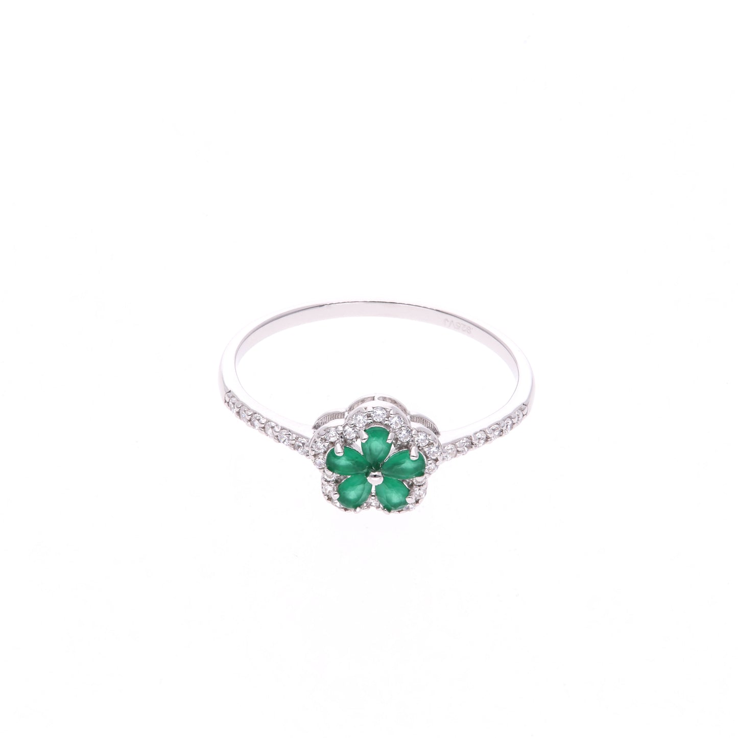 ANILLO EN PLATA LEY .925, CON RODIO , ZIRCONIA AAA VERDE ESMERALDA Y BLANCO