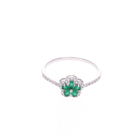 ANILLO EN PLATA LEY .925, CON RODIO , ZIRCONIA AAA VERDE ESMERALDA Y BLANCO