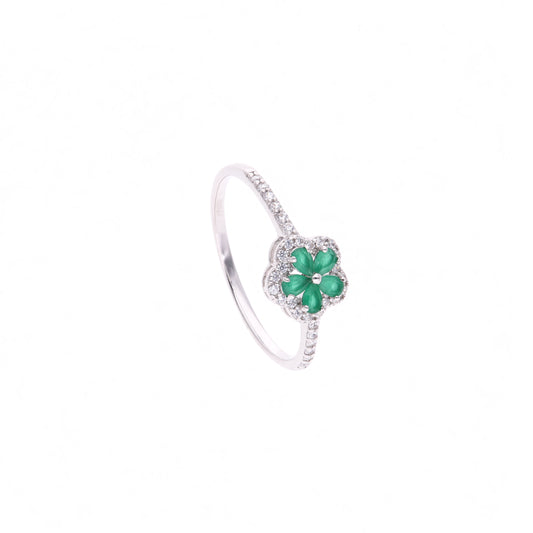 ANILLO EN PLATA LEY .925, CON RODIO , ZIRCONIA AAA VERDE ESMERALDA Y BLANCO