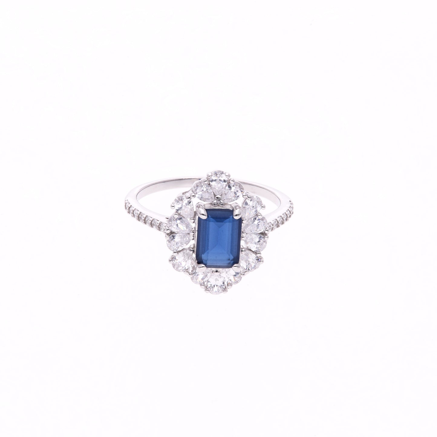 Anillo Plata Ley 925 con Rodio y Zirconia AAA Color Azul Zafiro y Blanco