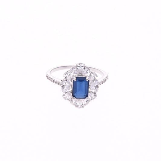 Anillo Plata Ley 925 con Rodio y Zirconia AAA Color Azul Zafiro y Blanco