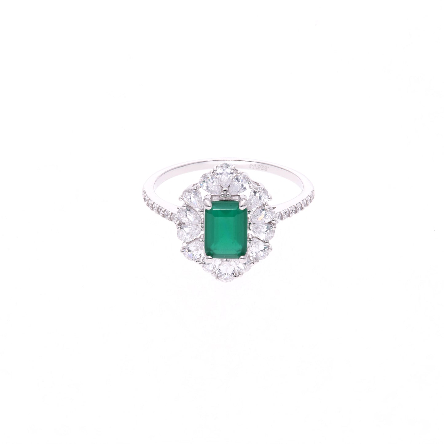 Anillo Plata Ley 925 con Rodio y Zirconia AAA Color Verde Esmeralda y Blanco