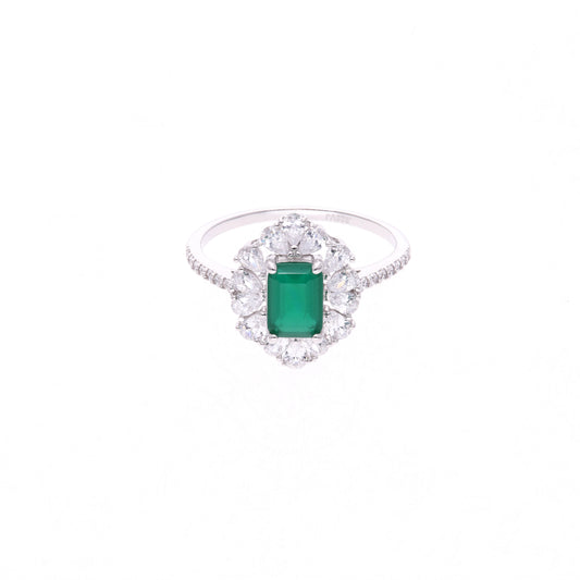 Anillo Plata Ley 925 con Rodio y Zirconia AAA Color Verde Esmeralda y Blanco
