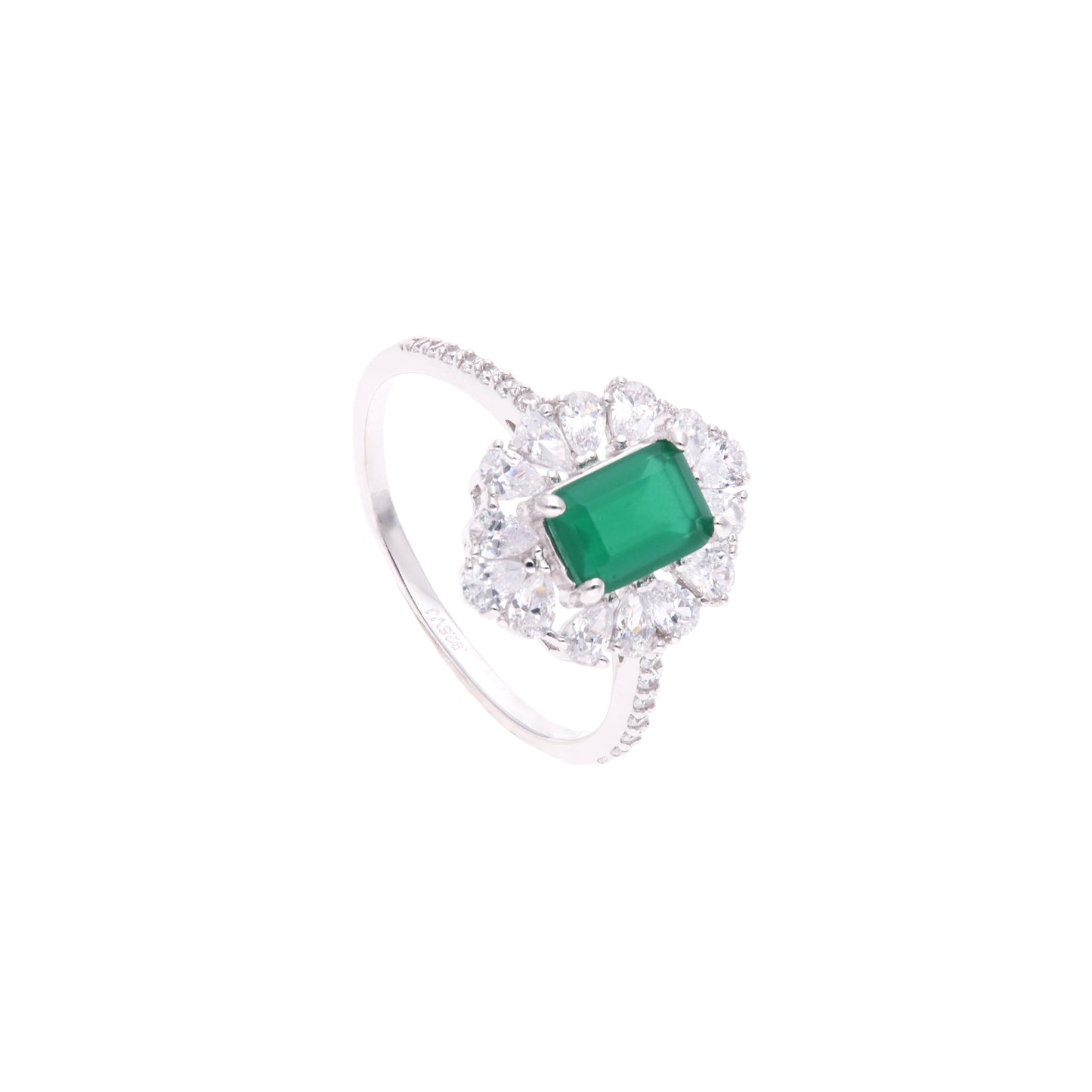Anillo Plata Ley 925 con Rodio y Zirconia AAA Color Verde Esmeralda y Blanco