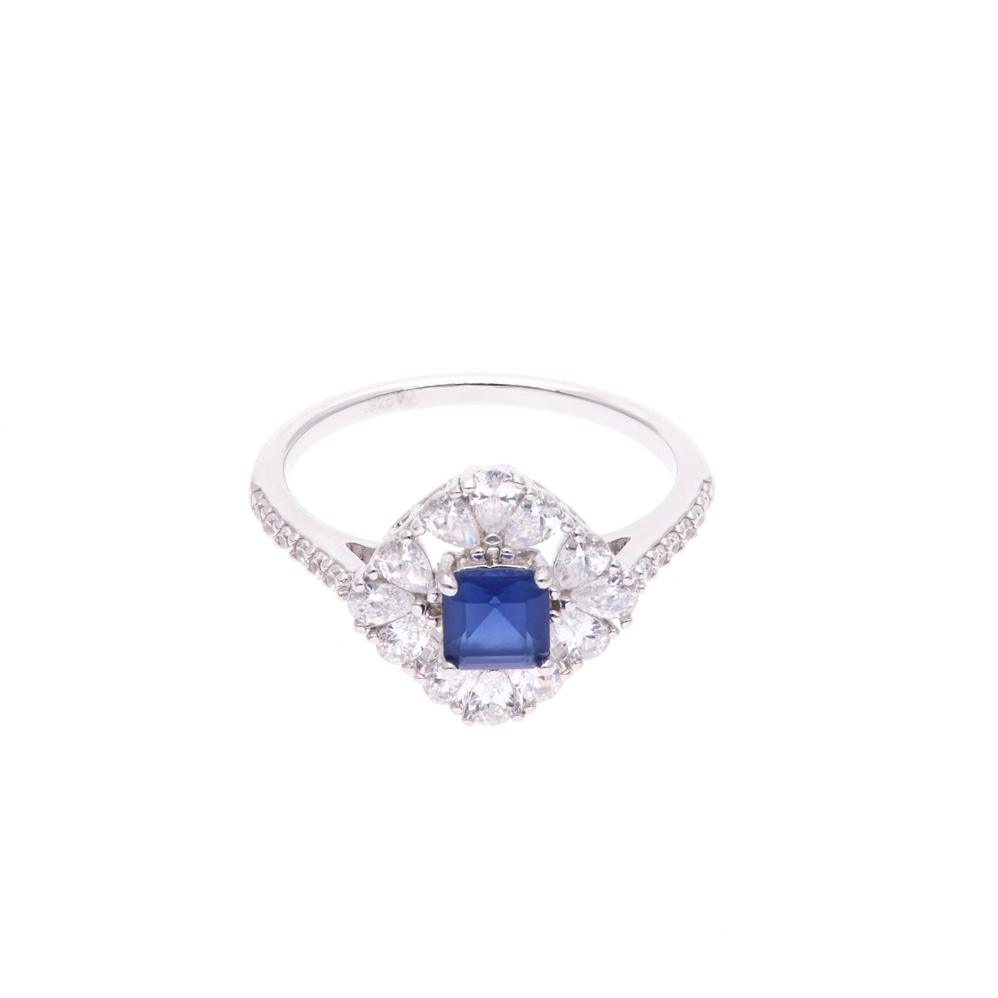 ANILLO EN PLATA LEY .925, CON RODIO , ZIRCONIA AAA AZUL ZAFIRO Y BLANCO  , EN FORMA DE FLOR