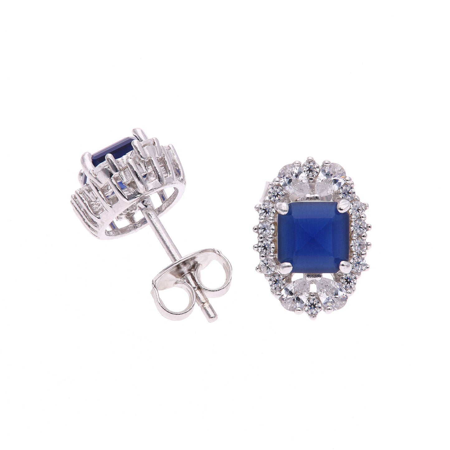 BROQUEL EN PLATA LEY .925, CON RODIO , ZIRCONIA AAA AZUL ZAFIRO Y BLANCO  , EN FORMA DE FLOR