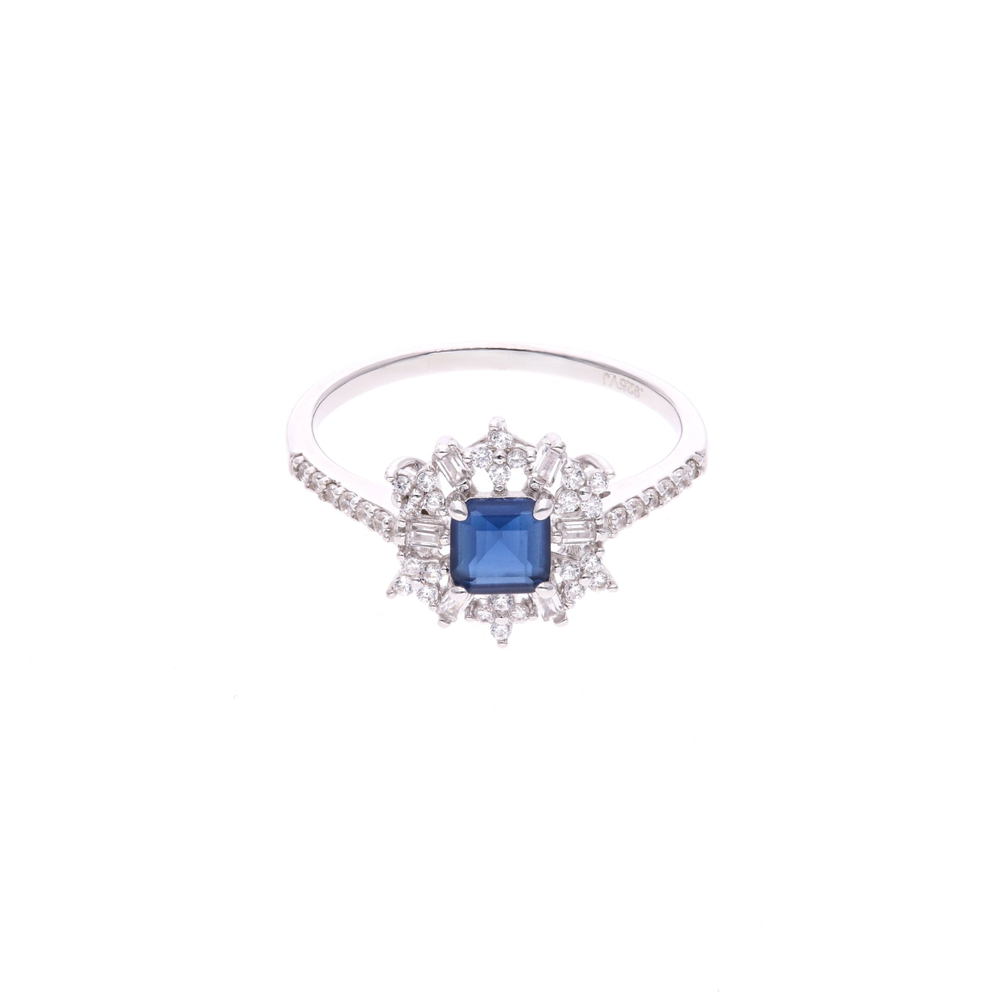 ANILLO EN PLATA LEY .925, CON RODIO , ZIRCONIA AAA AZUL ZAFIRO AZUL Y BLANCO