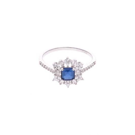 ANILLO EN PLATA LEY .925, CON RODIO , ZIRCONIA AAA AZUL ZAFIRO AZUL Y BLANCO