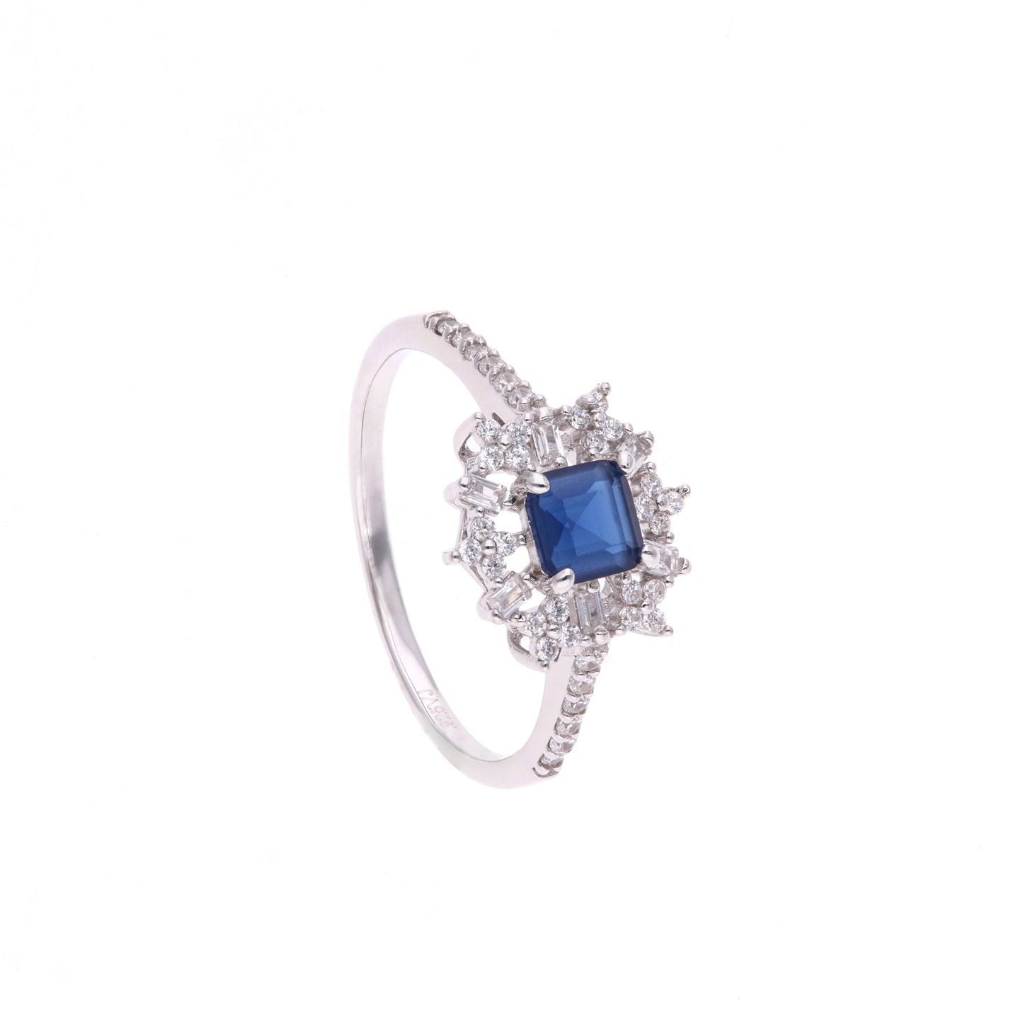 ANILLO EN PLATA LEY .925, CON RODIO , ZIRCONIA AAA AZUL ZAFIRO AZUL Y BLANCO