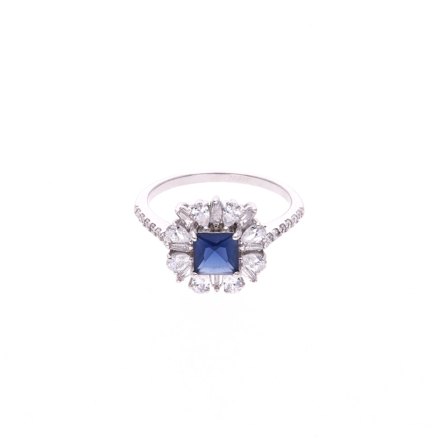 Anillo Plata Ley 925 con Rodio y Zirconia AAA Color Azul Zafiro y Blanco
