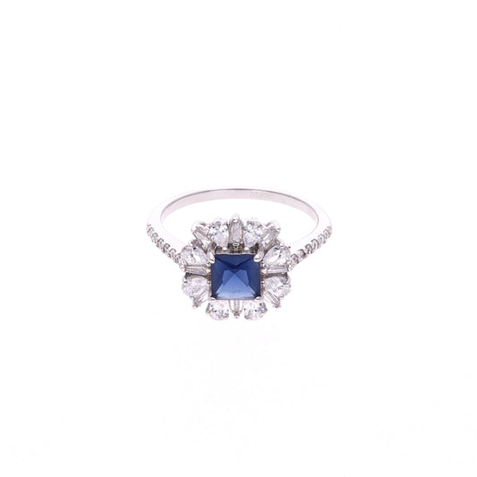 Anillo Plata Ley 925 con Rodio y Zirconia AAA Color Azul Zafiro y Blanco