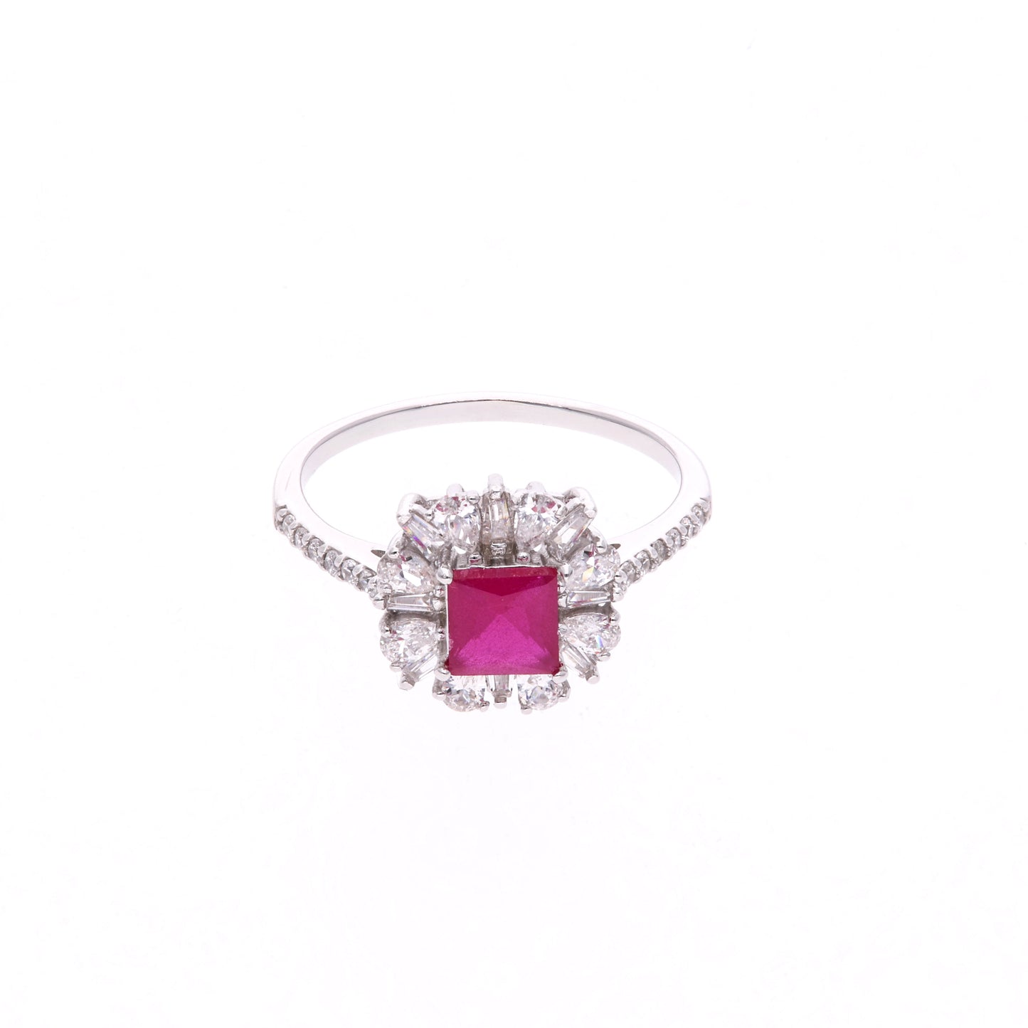 Anillo Plata Ley 925 con Rodio y Zirconia AAA Color Rojo Rubí y Blanco
