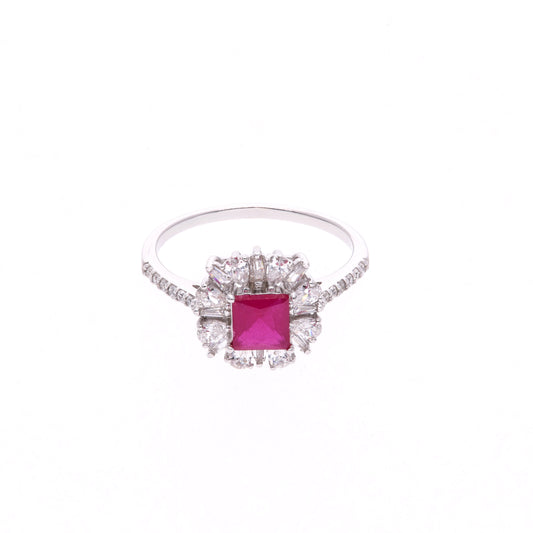 Anillo Plata Ley 925 con Rodio y Zirconia AAA Color Rojo Rubí y Blanco