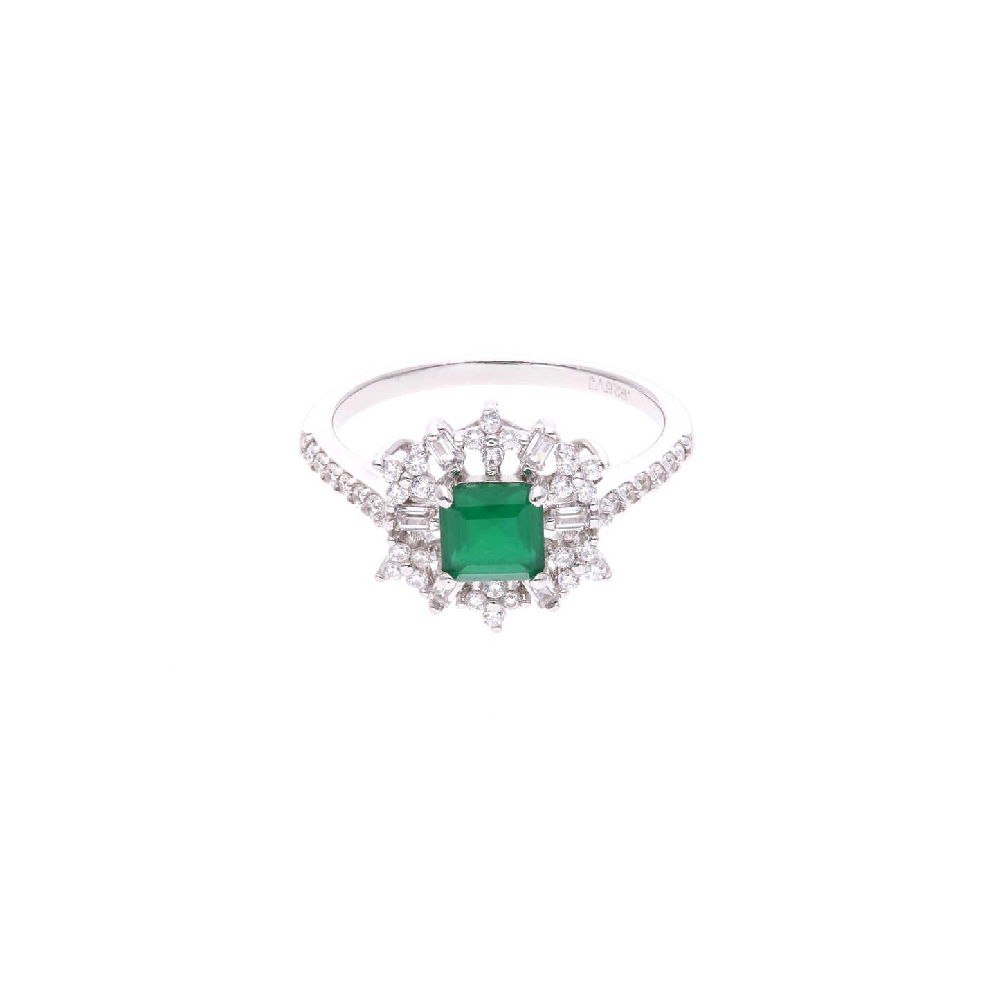 ANILLO EN PLATA LEY .925, CON RODIO , ZIRCONIA AAA VERDE ESMERALDA Y BLANCO
