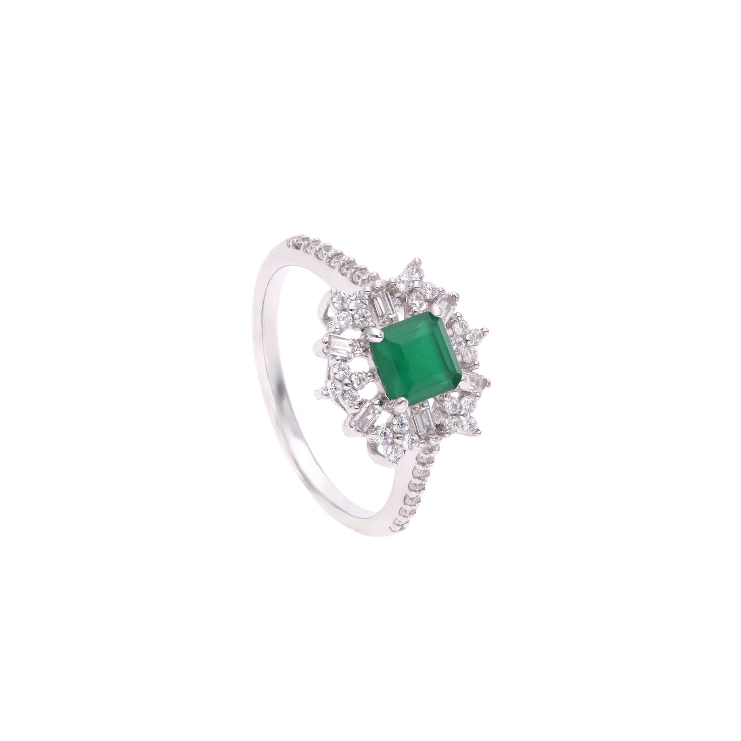 ANILLO EN PLATA LEY .925, CON RODIO , ZIRCONIA AAA VERDE ESMERALDA Y BLANCO