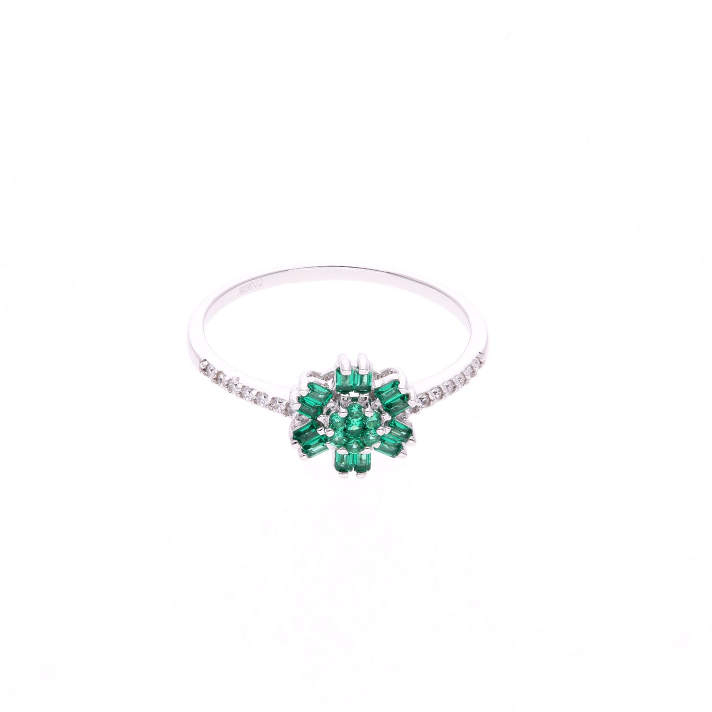 Anillo Plata Ley 925 con Rodio – Zafiro AAA Color Verde Esmeralda y Blanco en Forma de Flor de 6 Pétalos
