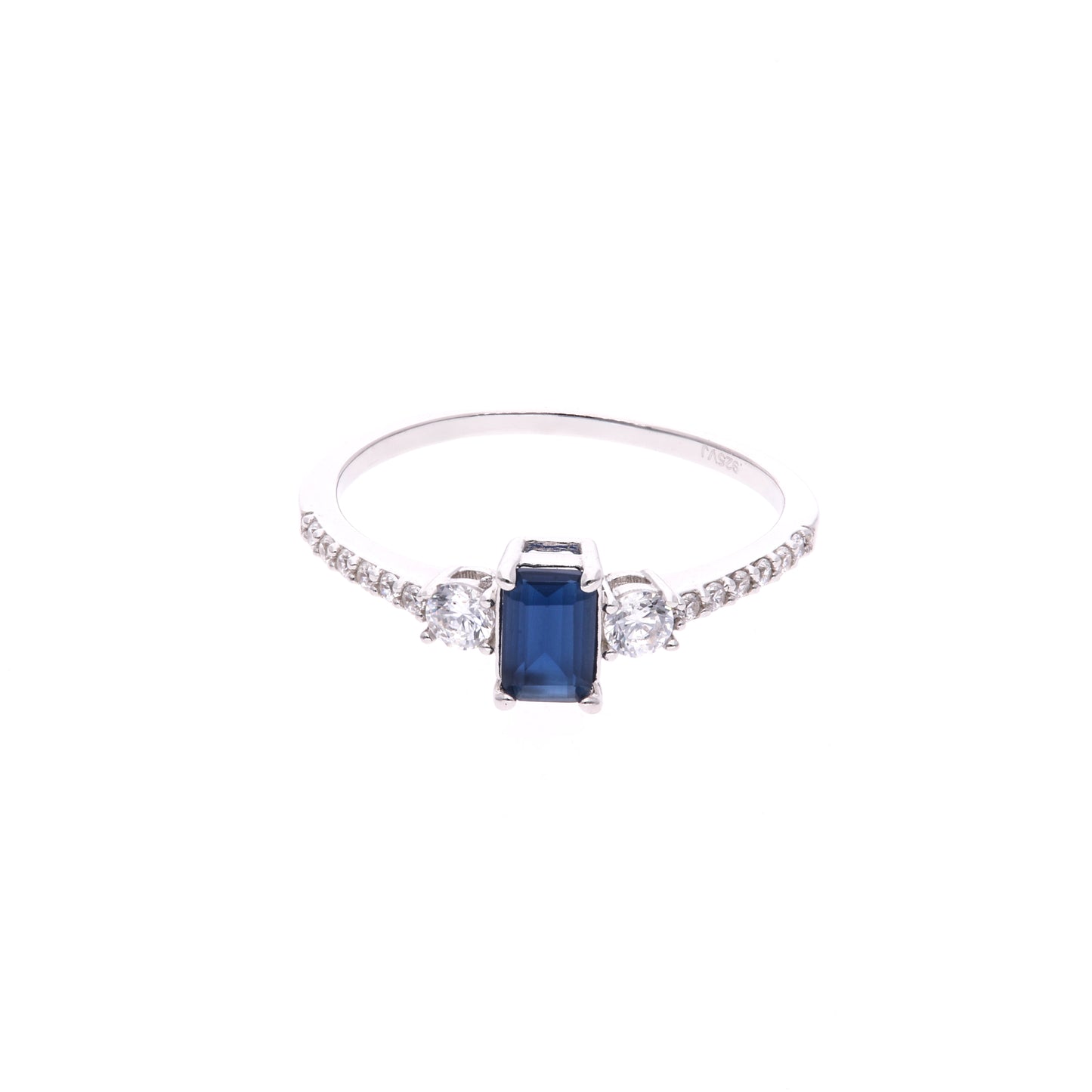 ANILLO EN PLATA LEY .925, CON RODIO , ZIRCONIA AAA AZUL ZAFIRO Y BLANCO  , EN FORMA DE FLOR