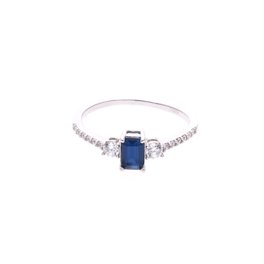 ANILLO EN PLATA LEY .925, CON RODIO , ZIRCONIA AAA AZUL ZAFIRO Y BLANCO  , EN FORMA DE FLOR