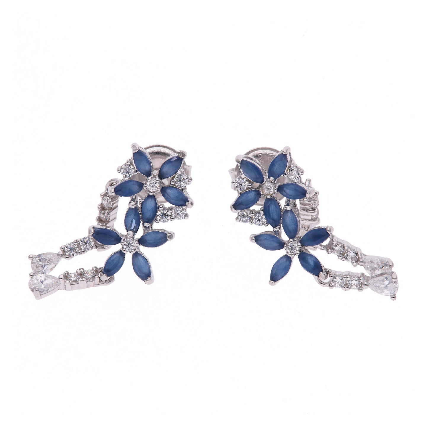 Aretes Plata Ley 925 con Rodio y Zirconia AAA Color Azul Zafiro y Blanco en Forma de Dos Flores