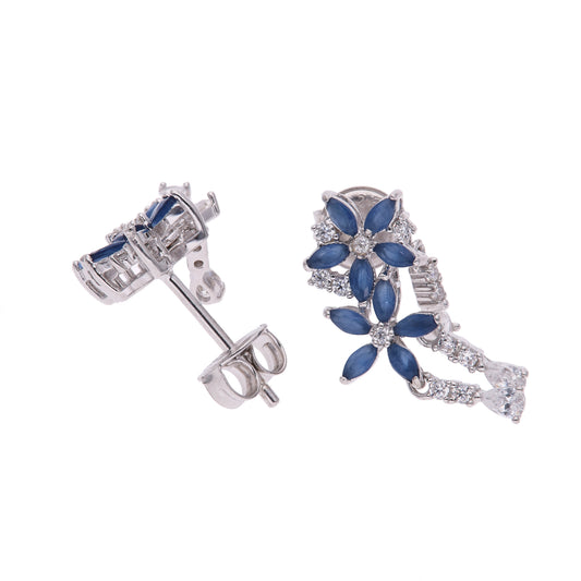 Aretes Plata Ley 925 con Rodio y Zirconia AAA Color Azul Zafiro y Blanco en Forma de Dos Flores