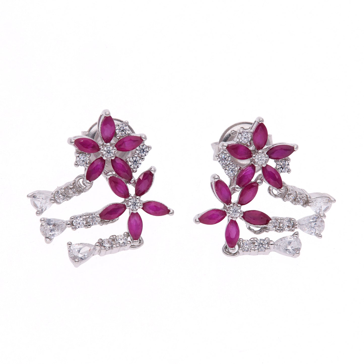 Aretes Plata Ley 925 con Rodio y Zirconia AAA Color Rojo Rubí y Blanco en Forma de Dos Flores