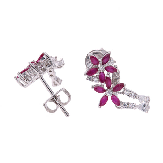 Aretes Plata Ley 925 con Rodio y Zirconia AAA Color Rojo Rubí y Blanco en Forma de Dos Flores