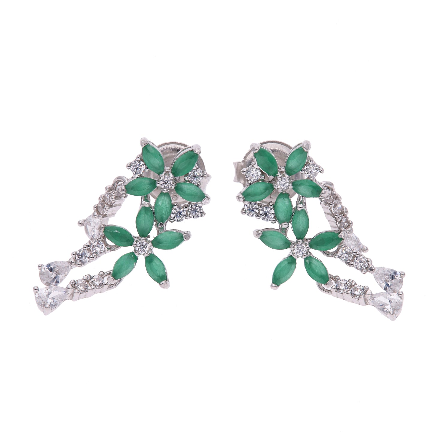 Aretes Plata Ley 925 con Rodio y Zirconia AAA Color Verde Esmeralda y Blanco en Forma de Dos Flores