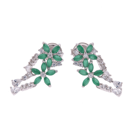 Aretes Plata Ley 925 con Rodio y Zirconia AAA Color Verde Esmeralda y Blanco en Forma de Dos Flores