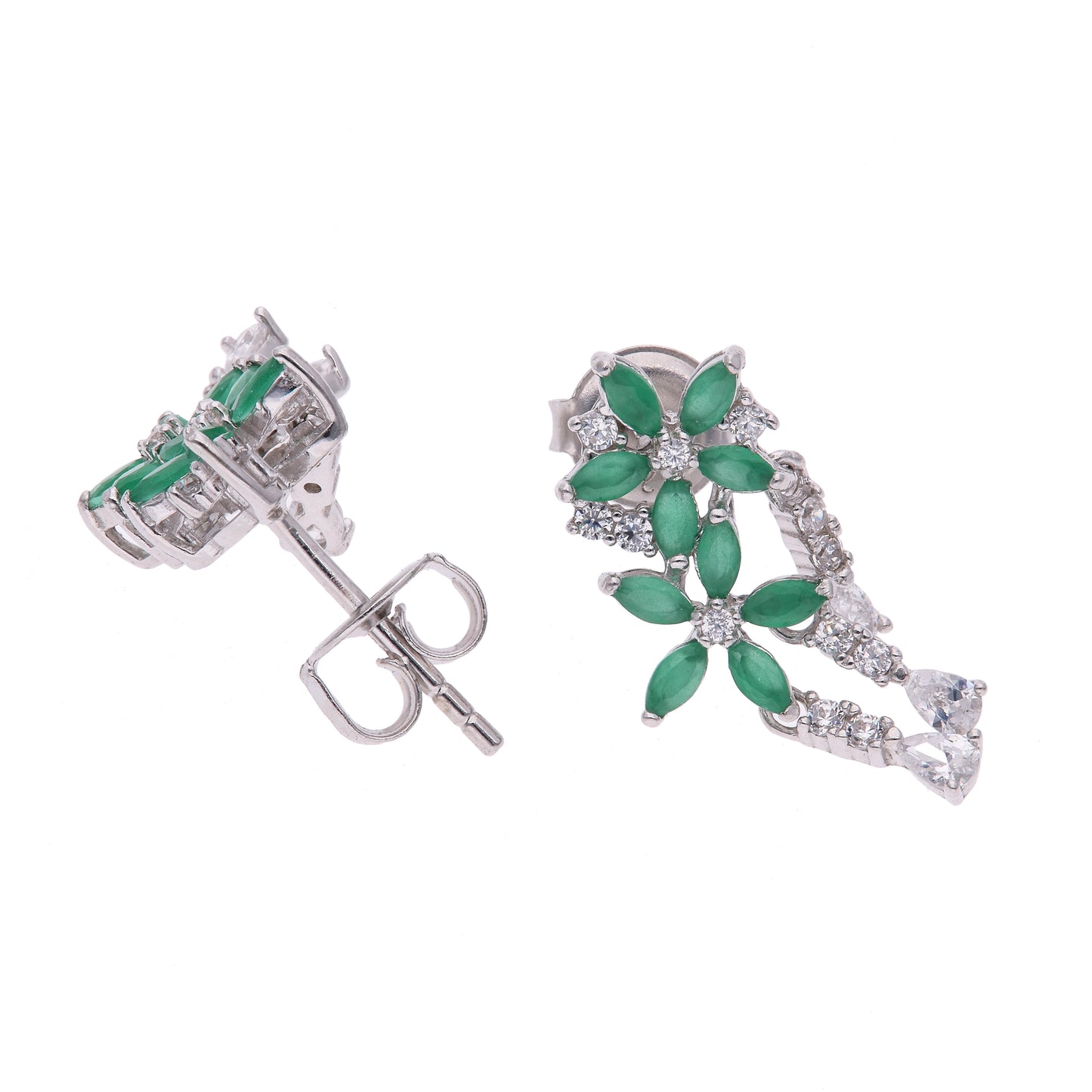 Aretes Plata Ley 925 con Rodio y Zirconia AAA Color Verde Esmeralda y Blanco en Forma de Dos Flores