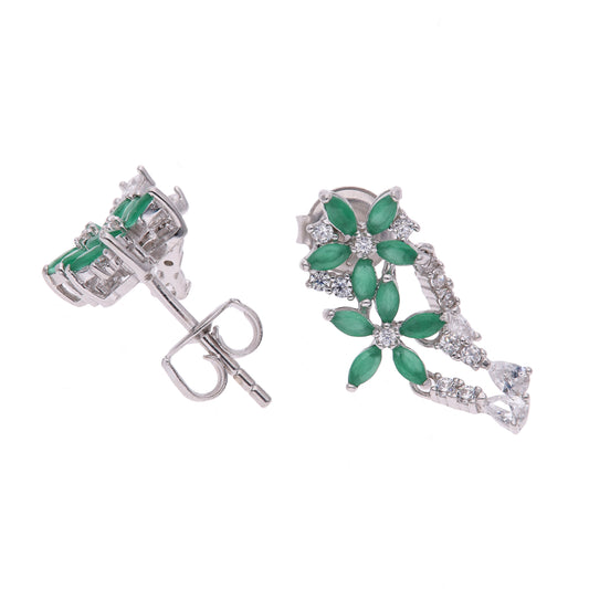 Aretes Plata Ley 925 con Rodio y Zirconia AAA Color Verde Esmeralda y Blanco en Forma de Dos Flores