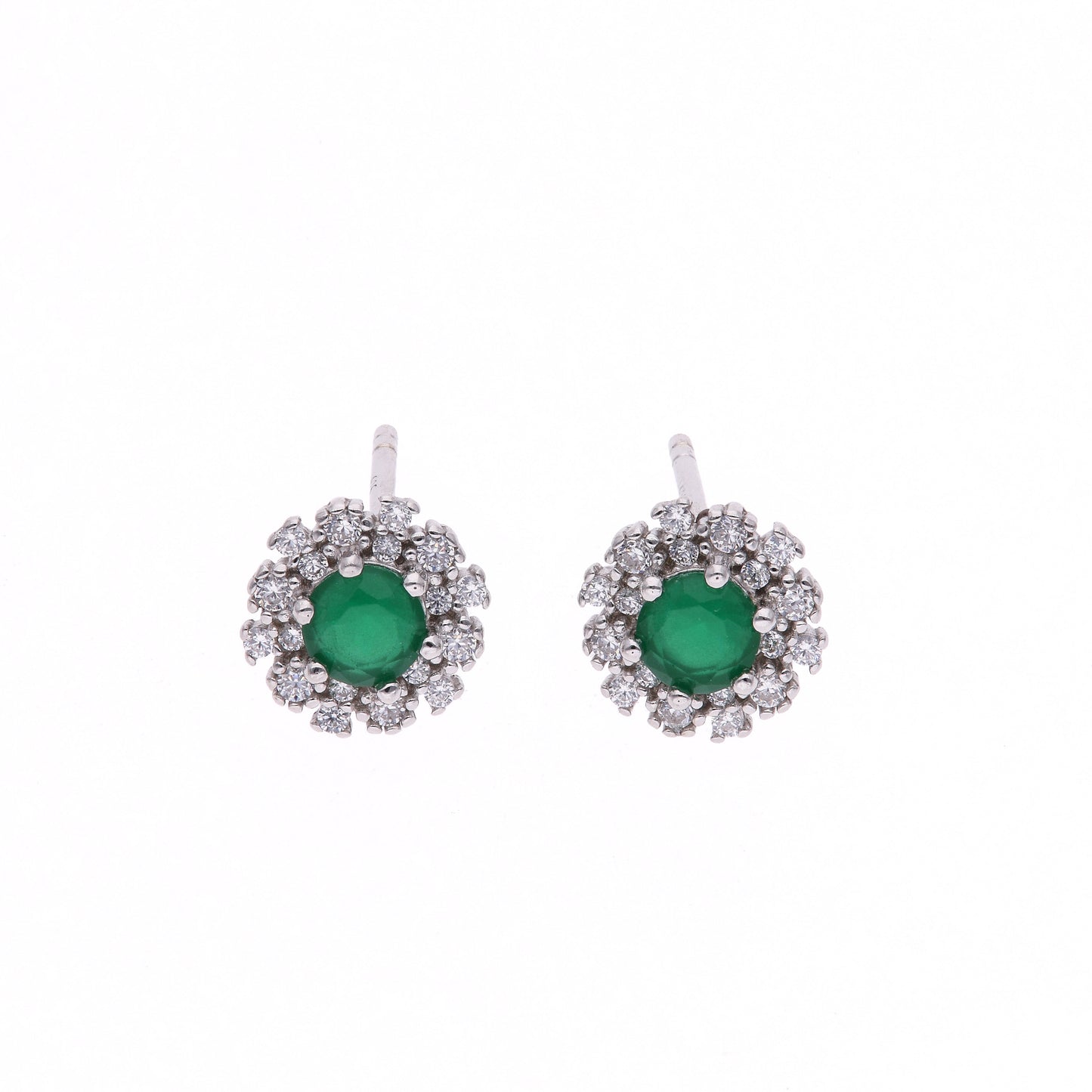Broquel Plata Ley 925 con Rodio y Zirconia AAA Color Verde Esmeralda y Blanco Redondo