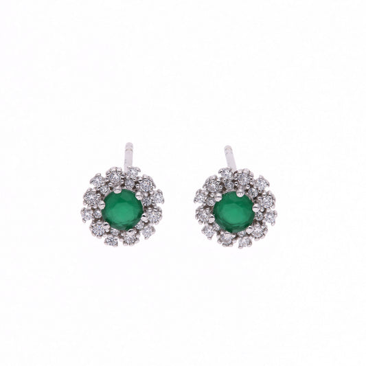 Broquel Plata Ley 925 con Rodio y Zirconia AAA Color Verde Esmeralda y Blanco Redondo
