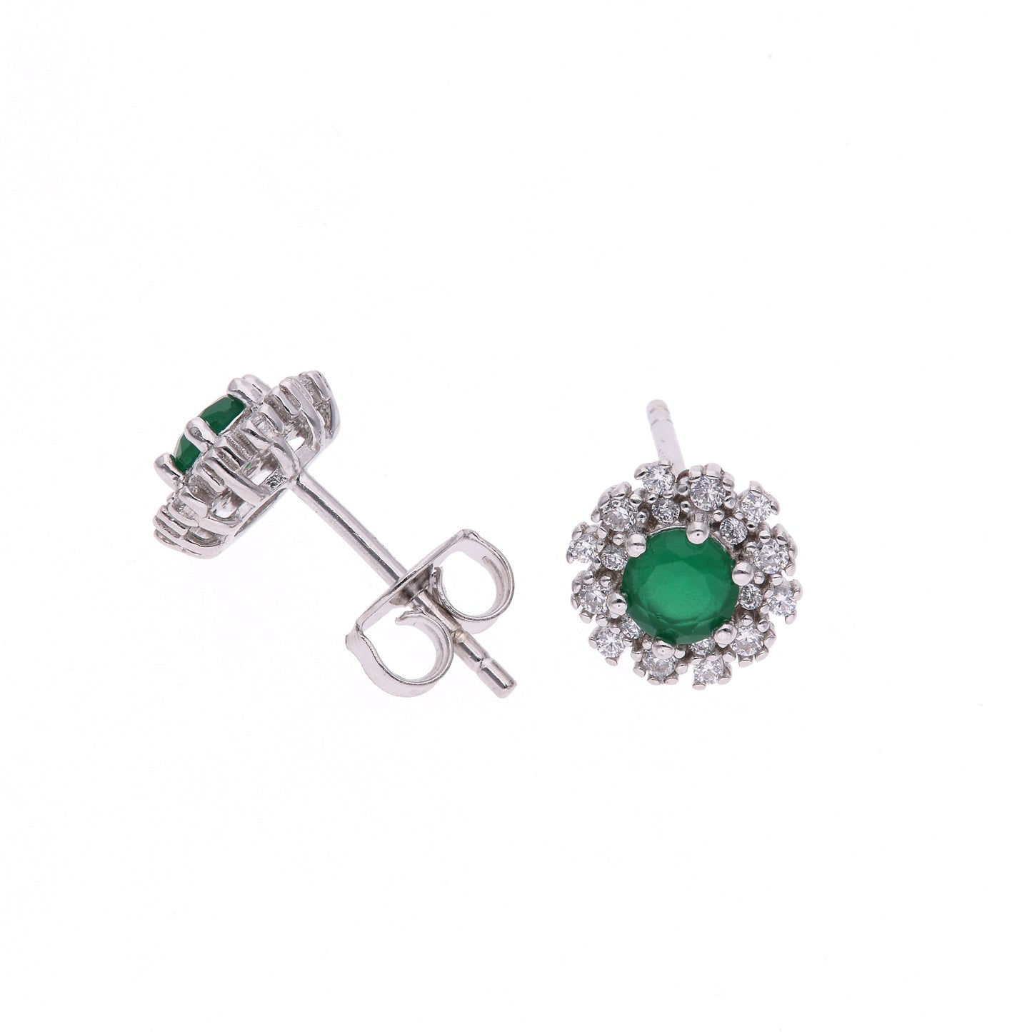 Broquel Plata Ley 925 con Rodio y Zirconia AAA Color Verde Esmeralda y Blanco Redondo