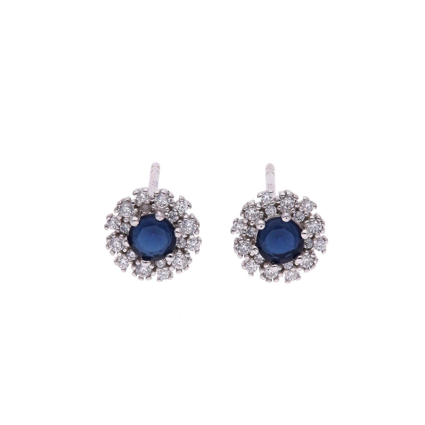 Broquel Plata Ley 925 con Rodio y Zirconia AAA Color Azul Zafiro y Blanco Redondo