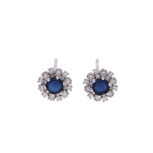 Broquel Plata Ley 925 con Rodio y Zirconia AAA Color Azul Zafiro y Blanco Redondo