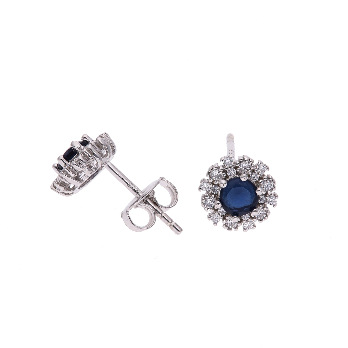Broquel Plata Ley 925 con Rodio y Zirconia AAA Color Azul Zafiro y Blanco Redondo