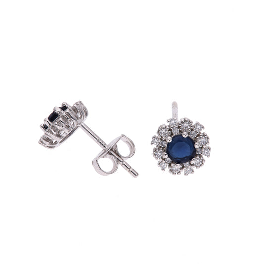 Broquel Plata Ley 925 con Rodio y Zirconia AAA Color Azul Zafiro y Blanco Redondo