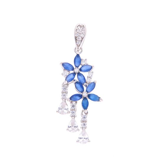 Dije Plata Ley 925 con Rodio y Zirconia AAA Color Azul Zafiro y Blanco en Forma de Dos Flores