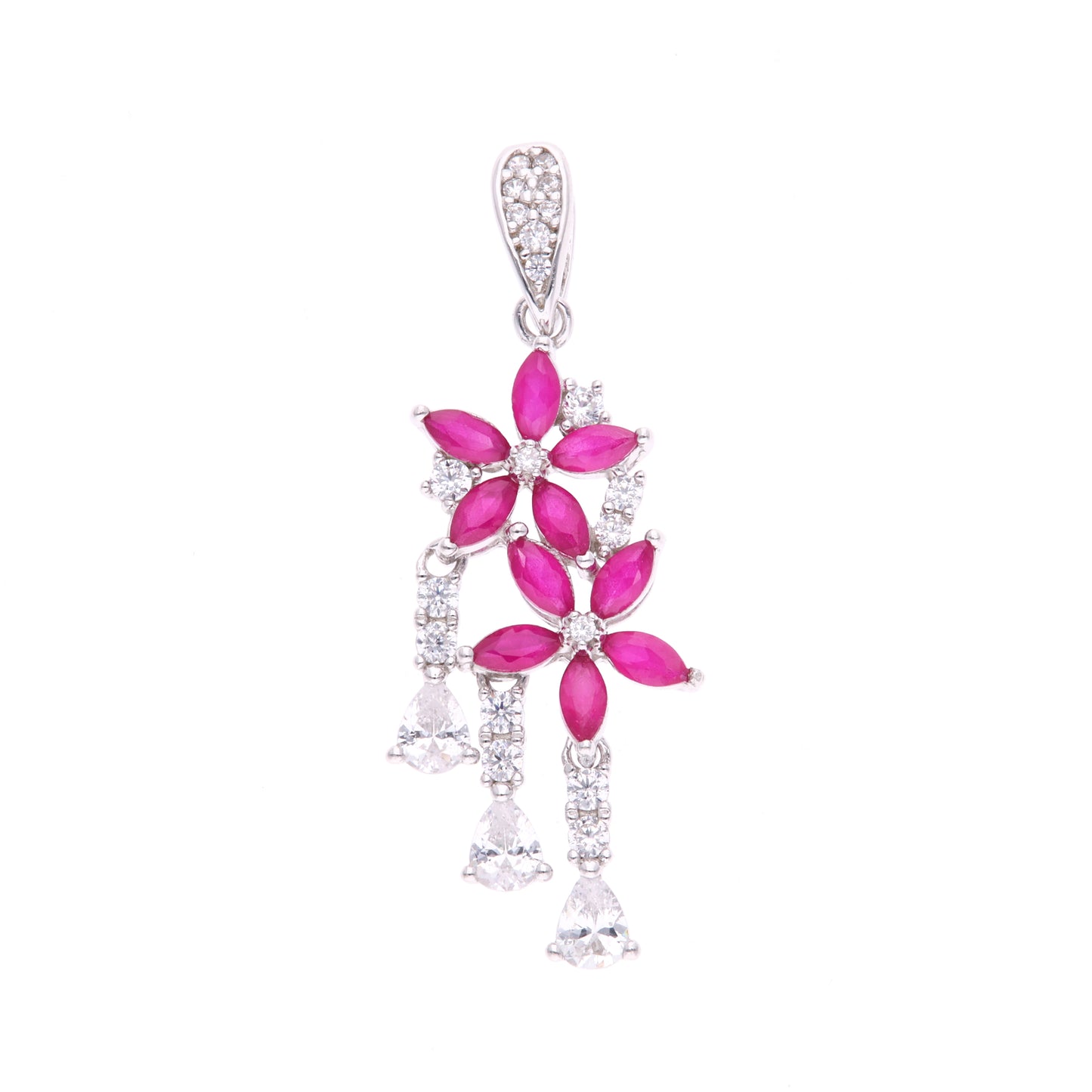Dije Plata Ley 925 con Rodio y Zirconia AAA Color Rojo Rubí y Blanco en Forma de Dos Flores