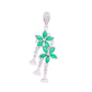 Dije Plata Ley 925 con Rodio y Zirconia AAA Color Verde Esmeralda y Blanco en Forma de Dos Flores