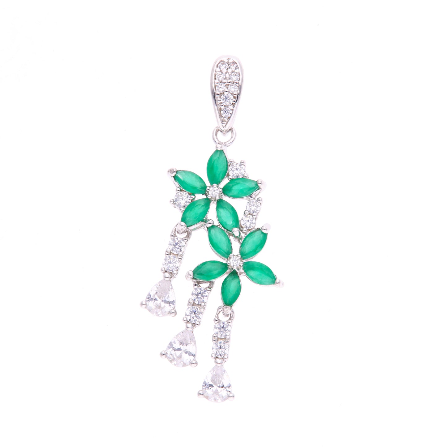 Dije Plata Ley 925 con Rodio y Zirconia AAA Color Verde Esmeralda y Blanco en Forma de Dos Flores