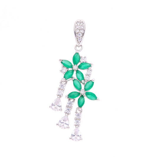 Dije Plata Ley 925 con Rodio y Zirconia AAA Color Verde Esmeralda y Blanco en Forma de Dos Flores
