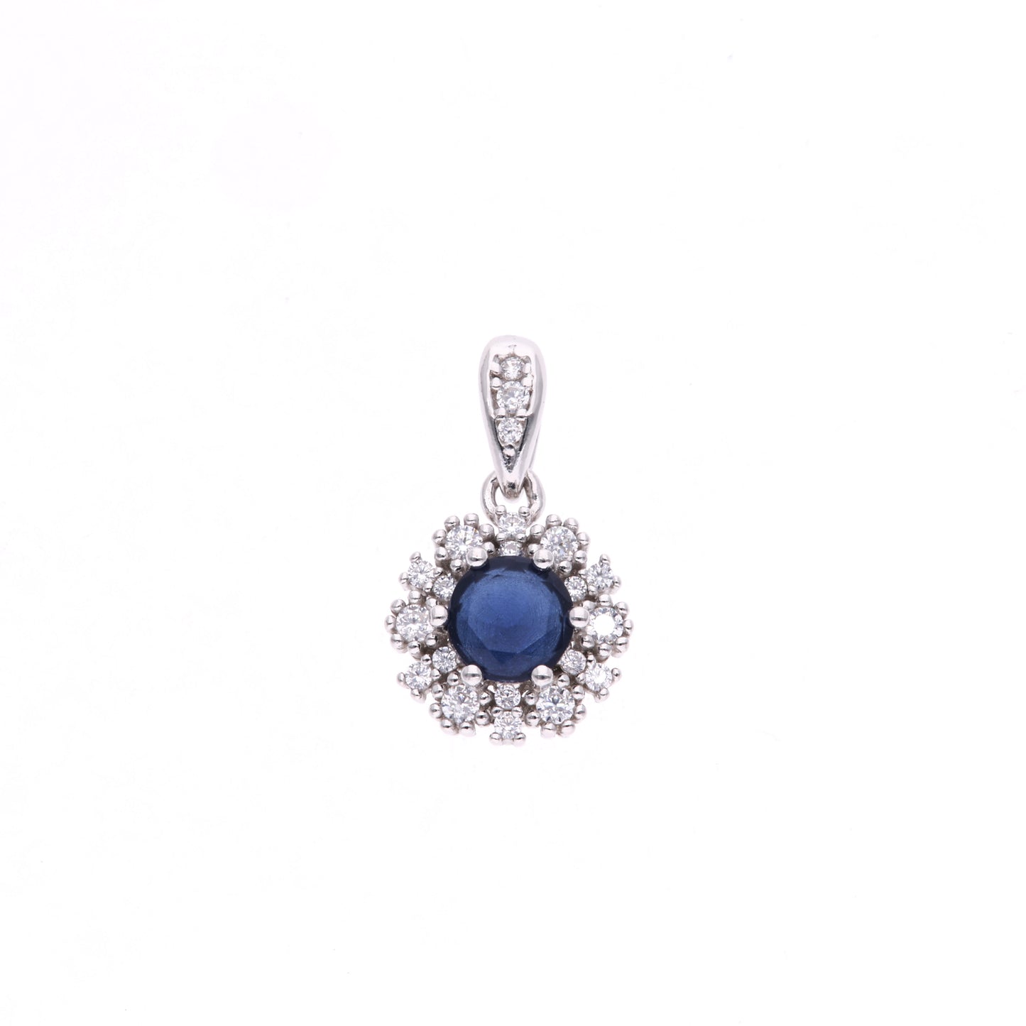 Dije Plata Ley 925 con Rodio y Zirconia AAA Color Azul Zafiro y Blanco Redondo