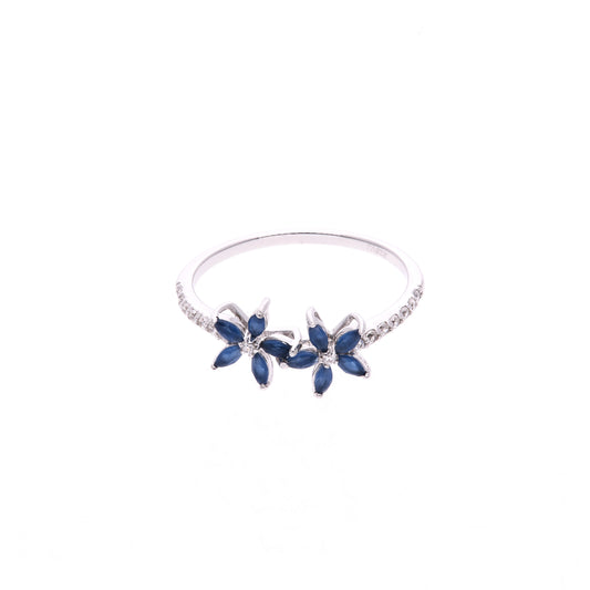 Anillo Plata Ley 925 con Rodio y Zirconia AAA Color Azul Zafiro y Blanco en Forma de Dos Flores