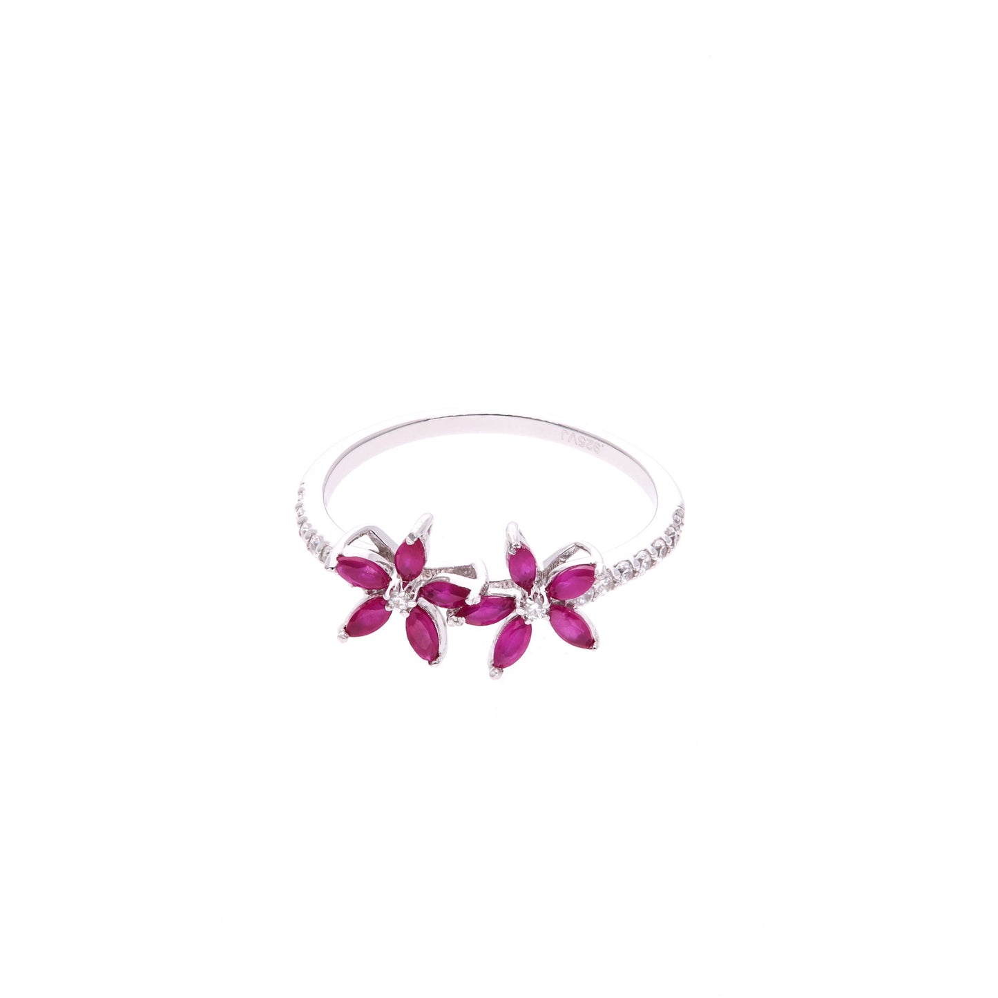 Anillo Plata Ley 925 con Rodio y Zirconia AAA Color Rojo Rubí y Blanco en Forma de Dos Flores