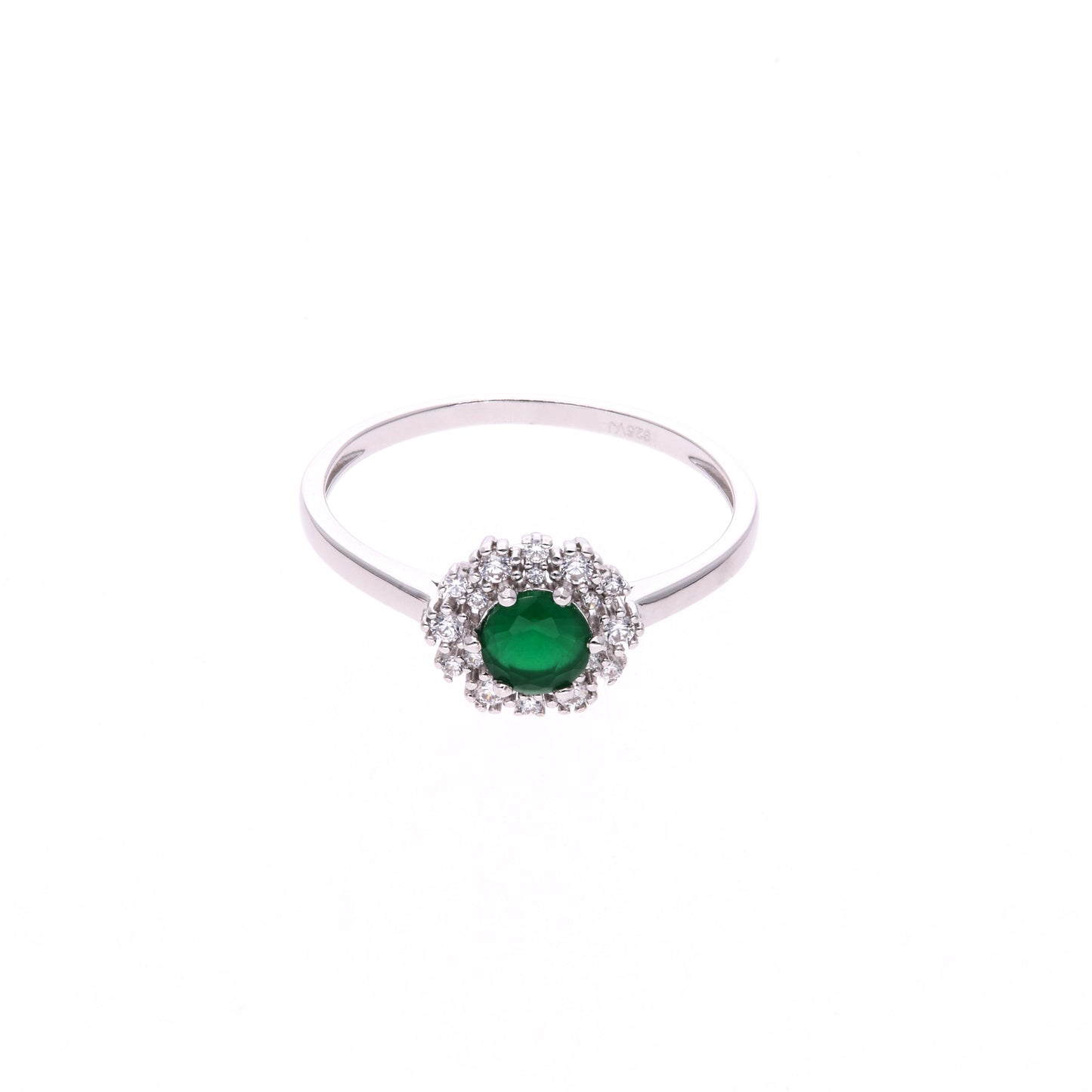 Anillo Plata Ley 925 con Rodio y Zirconia AAA Color Verde Esmeralda y Blanco Redondo
